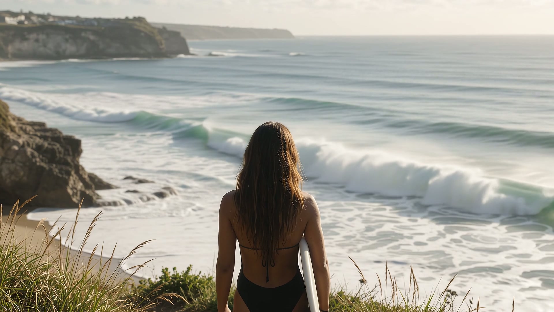 A surfer standing on a coastal cliff looking out toward the ocean